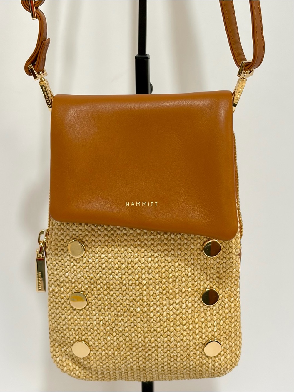 Hammitt VIP Mobile Crossbody Bag In Cocoa Raffia With Shiny Gold Hardware NWOT